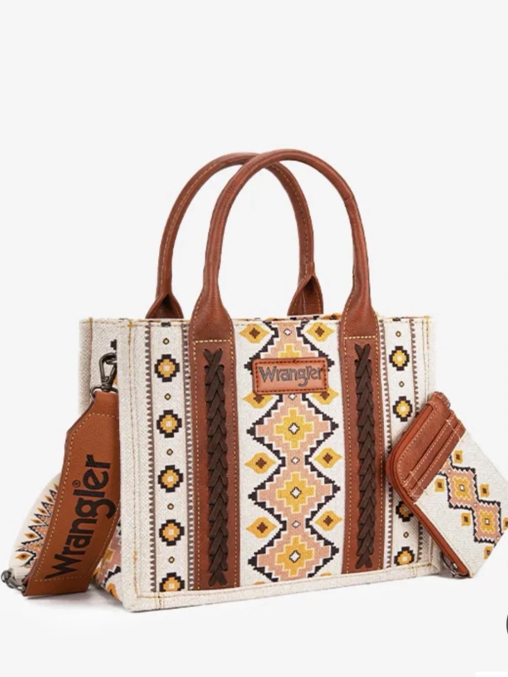 Wrangler Brown, Cream & Yellow Patterned Satchel with Detachable Strap